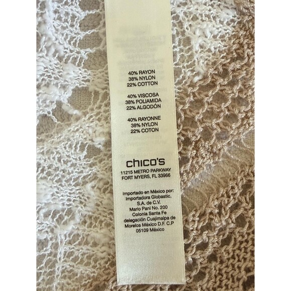 Chicos Open Knit Cardigan Size 1 M Beige White Striped Sequin Boho Coastal - Picture 12 of 12